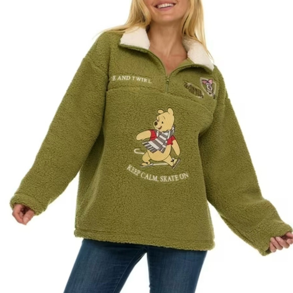 Disney Winnie the Pooh Fuzzy Green Sherpa Quarter Zip Pullover Sweatshirt